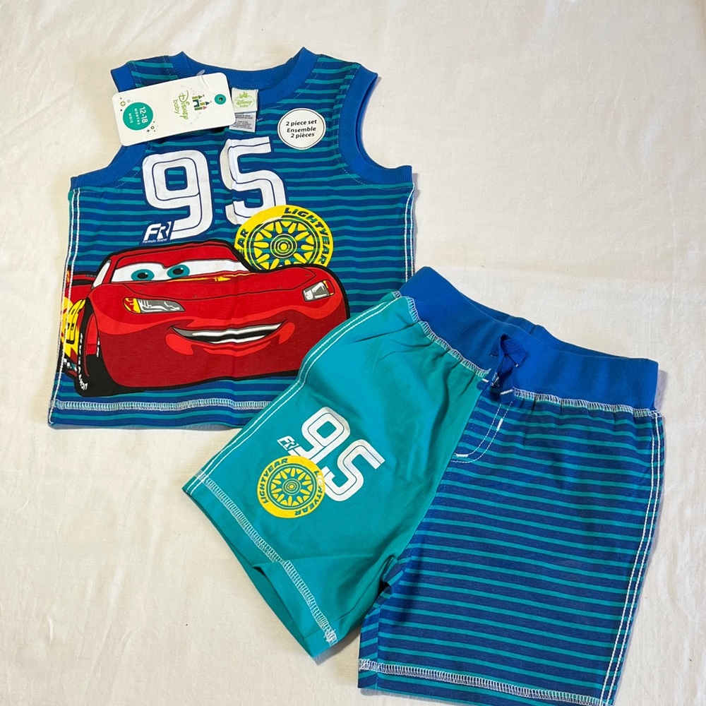 NWT 12-18M Disney Cars Striped Blue and Teal t-shirt and shorts set